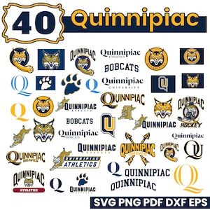 May include: A collection of Quinnipiac University logos and graphics in navy blue, gold, and white. Includes bobcat mascots, the letter "Q", and the words "Quinnipiac", "Bobcats", and "Athletics". The number "40" is also present.