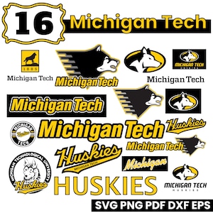 May include: A collection of Michigan Tech Huskies logos and graphics in black, yellow, and white. Includes text such as "Michigan Tech", "Huskies", and "16". Formats include SVG, PNG, PDF, DXF, and EPS.