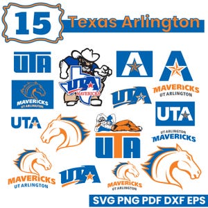 Peut inclure: Plusieurs graphiques bleus et oranges avec le texte "Texas Arlington" et "UTA Mavericks." Comprend des logos avec une étoile, une tête de cheval et une mascotte de cow-boy. Le chiffre "15" est également présent.
