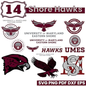 May include: A collection of maroon and gray graphics featuring the words "Shore Hawks," "University of Maryland Eastern Shore," and various hawk illustrations. Includes the number "14" and file type options.