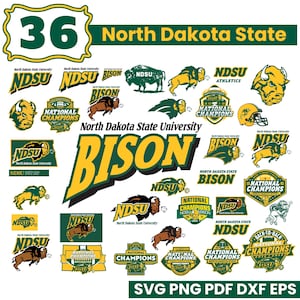 May include: A collection of North Dakota State University Bison logos and graphics in green, yellow, and brown. Includes the number 36 in a green sign, the word "BISON", and the text "North Dakota State University".