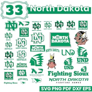 May include: A collection of green and white North Dakota logos and text elements. Includes the number 33 in a road sign shape, various "UND" and "North Dakota" designs, and the words "Fighting Sioux" and "Fighting Hawks".