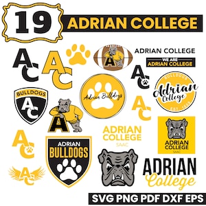 Può includere: Una collezione di loghi e grafiche dell'Adrian College in nero e giallo. Include il testo "Adrian College", "Bulldogs", impronte di zampe e una mascotte bulldog. Formati: SVG, PNG, PDF, DXF ed EPS.
