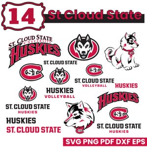 May include: A collection of St. Cloud State Huskies logos and graphics in red, black, and white. Includes text such as "St. Cloud State", "Huskies", and "Volleyball", along with a husky dog graphic. The image also includes the number 14.