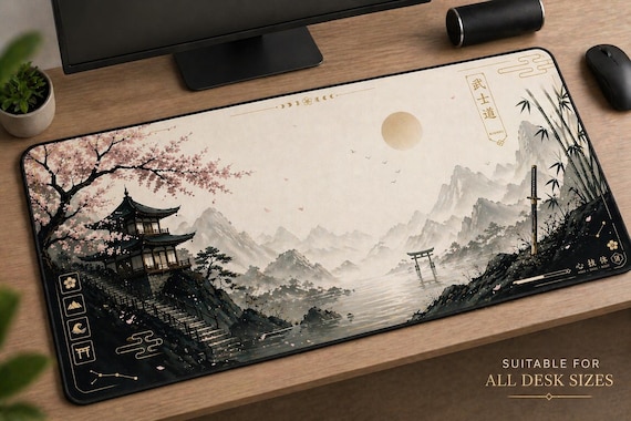 Japanese Desk Mat – Bushido Aesthetic Mouse Pad, Sakura Samurai Setup, XL Gaming Desk Mat, Zen Landscape Keyboard Mat, Minimal Desk Setup