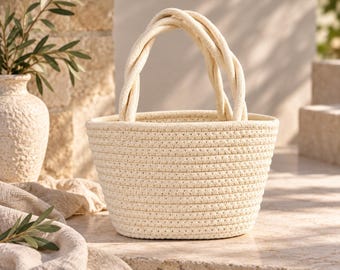 Cotton Rope Tote Bag, Ivory Woven Handbag, Small Beach Bag for Women, Boho Summer Basket Tote, Vacation Market Bag, Everyday Purse
