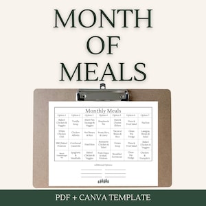 May include: A clipboard with a meal planning template. The text "MONTH OF MEALS" is at the top. The template includes a grid for daily meal planning, with options for breakfast, lunch, and dinner. The bottom of the image reads "PDF + CANVA TEMPLATE".