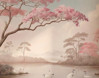 Chinoiserie Crane Peel Stick Wallpaper, Pink Blossom Tree Wall Mural, Asian Landscape Removable Wall Decor