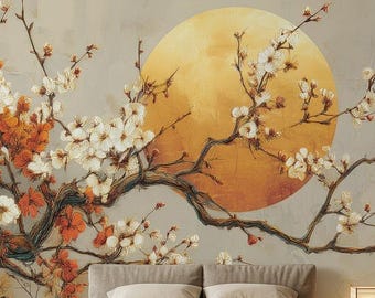 Japanese Blossom Wallpaper, Minimal Floral Sun Wall Art, Modern Asian Peel and Stick Wallpaper, Neutral Botanical Decor