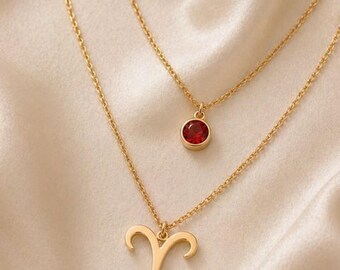 Zodiac Layered Necklace with Birthstone, Star Sign Aries Necklace, Dainty Horoscope Jewelry, Astrology Gift for Her