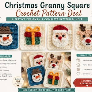 Könnte beinhalten: Eine digitale Grafik, die ein Set aus Häkelanleitungen für weihnachtliche Granny Squares zeigt, bestehend aus vier quadratischen Motiven: Schneemann, Geschenkbox, Weihnachtsmann und Rentier. Der Text enthält 'Christmas Granny Square Crochet Pattern Deal', '4 Festive Designs', '1 Complete Pattern Bundle', 'Includes' und 'Perfect For'.