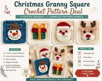 May include: A digital graphic displaying a Christmas Granny Square Crochet Pattern Deal featuring four square motifs: a snowman, a gift box, Santa Claus, and a reindeer. The text includes 'Christmas Granny Square Crochet Pattern Deal', '4 Festive Designs', '1 Complete Pattern Bundle', 'Includes', and 'Perfect For'.