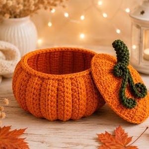 May include: A round, orange, crocheted pumpkin-shaped container with a removable lid. The lid features a dark green, textured, curly stem. The body of the container has vertical ribbed stitching, mimicking the appearance of a pumpkin.