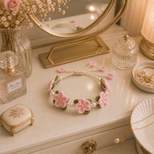 Virkat Sakura Blomarmband Mönster, Blommiga Smycken, Justerbar DIY (PDF Ladda ner)