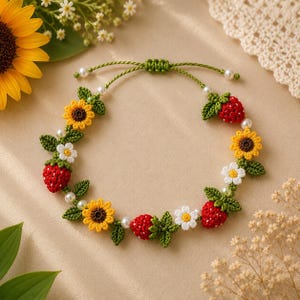 Pode incluir: Uma pulseira de crochê feita à mão com um design charmoso de morangos, girassóis e margaridas. A pulseira é adornada com pérolas falsas e folhas verdes, criando um acessório lúdico e colorido. O fecho ajustável garante um ajuste confortável.