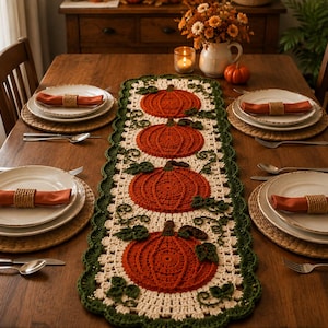 May include: A rectangular crochet table runner featuring four large, circular orange pumpkins with dark brown stems and green vine accents, bordered by a cream-colored lace pattern and a scalloped dark green edge, centered on a wooden dining table.