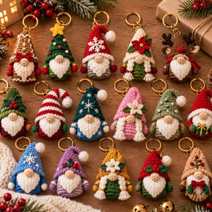 Puede incluir: Una colección de quince llaveros de gnomos tejidos a ganchillo con varios diseños navideños, incluyendo árboles de Navidad, renos, copos de nieve y detalles florales, cada uno con una anilla de metal dorado en el gorro.