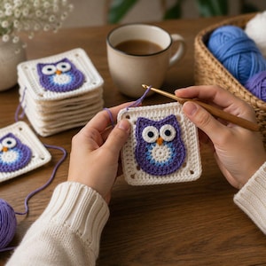 Crochet Owl Granny Square Pattern | Woodland Baby Blanket Motif (Digital Download)