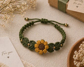 Sonnenblume Armband Häkelmuster PDF, gehäkelter Schmuck, verstellbares Armband Muster, DIY handgemachtes Geschenk, Instant Download