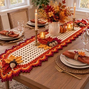 Haakpatroon voor een herfsttafelloper (PDF) | Tafelloper met herfstbladeren en eikels | Gehaakte decoratie voor Thanksgiving | Rustieke boerderijstijl woondecoratie