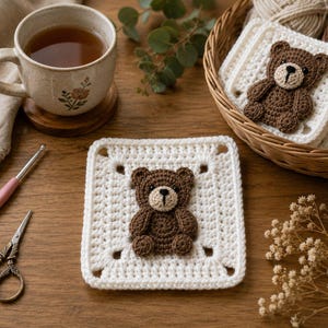 Crochet Teddy Bear Granny Square Pattern | Amigurumi Appliqué (PDF Download)