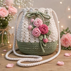 May include: A cream-colored crochet drawstring bag with a green base and a strap. The bag is adorned with pink and green crocheted roses and leaves. The bag is approximately 8 inches tall.