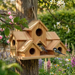 Könnte beinhalten: Ein mehrteiliges Vogelhaus aus Holz mit mehreren kleinen Häusern und runden Eingangsöffnungen. Das Vogelhaus ist an einem Baumstamm befestigt und hat ein Seil zum Aufhängen. Zwei kleine Vögel sitzen auf dem Vogelhaus. Das Vogelhaus ist von Blumen und Grün umgeben.