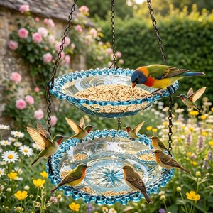 2 Tier Hanging Glass Bird Feeder with Bath, Garden Patio Decor