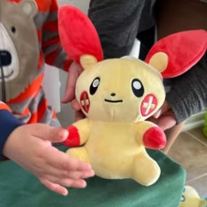 Könnte beinhalten: Ein gelbes Plüschtier mit roten Akzenten an Ohren, Händen und Füßen. Das Spielzeug hat ein lächelndes Gesicht mit schwarzen Augen und einem kleinen Mund. Rote kreuzartige Designs befinden sich auf jeder Wange. Das Spielzeug wird von einer Person gehalten.