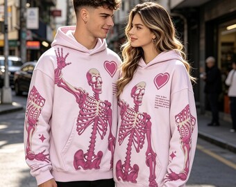 Pink Skeleton Heart Graphic Hoodie, Y2K Streetwear, Unisex Oversized Pullover