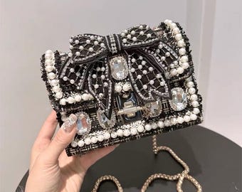 Embellished Pearl Bow Evening Bag: Crystal Rhinestone Beaded Clutch (Crossbody Chain)