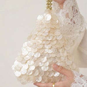May include: A triangular-shaped handbag covered in overlapping, circular, off-white mother-of-pearl shell discs. The bag features a gold-toned beaded handle at the top, creating a textured, shimmering appearance across the entire surface.