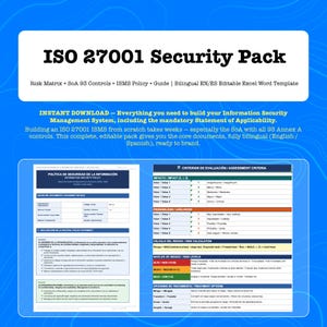 ISO 27001 Sicherheitspaket | Risikomatrix + SoA 93 Kontrollen + ISMS-Richtlinie + Leitfaden | Zweisprachige (Englisch/Spanisch) bearbeitbare Excel- und Word-Vorlage
