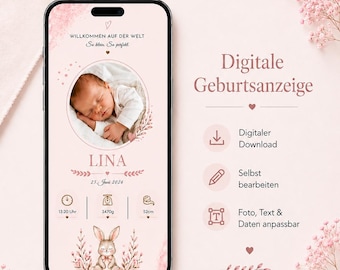 Annuncio di nascita digitale | Modello Canva - per WhatsApp e stampa | Biglietto di nascita con foto | Biglietto di nascita personalizzato per bambino/bambina