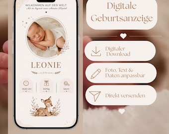 Anuncio digital de nacimiento | Plantilla de Canva - para WhatsApp e impresión | Tarjeta de nacimiento con foto | Tarjeta personalizada para bebé niño/niña