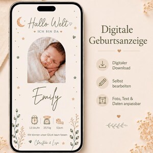 May include: A smartphone displaying a digital birth announcement template with a beige background, featuring a photo of a sleeping infant, the name Emily, and birth details including 13:16, 3570g, and 53cm, decorated with moon, star, and floral icons.