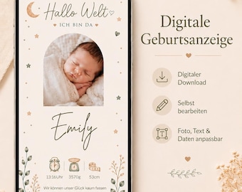 Anuncio digital de nacimiento | Plantilla de Canva - para WhatsApp e impresión | Tarjeta de nacimiento con foto | Tarjeta personalizada para bebé niño/niña