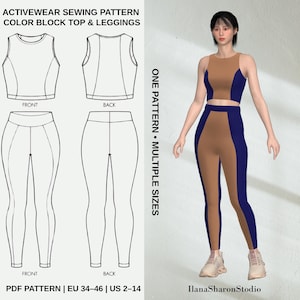Peut inclure: Patron de couture de vêtements de sport pour un haut et un legging color block, avec des dessins techniques de face et de dos, et un modèle portant l'ensemble deux pièces beige et bleu marine. Le texte indique Activewear Sewing Pattern.