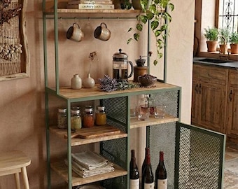 Meuble bar à café Capella, Station de café Farmhouse, Meuble de rangement de cuisine, Étagère en arche, Huche vert menthe, Organiseur d'angle pour café