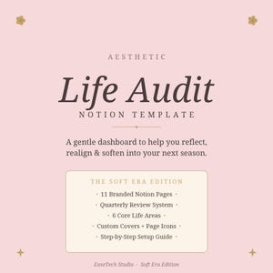 Op de afbeelding: Esthetische Life Audit Notion-sjabloon op een roze achtergrond. De tekst bevat "Life Audit" in een decoratief lettertype en "Notion Template". Extra tekst beschrijft de functies van de sjabloon, inclusief merkpagina's en een kwartaal beoordelingssysteem.