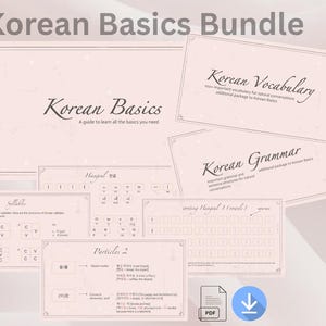 May include: A bundle of Korean language learning materials. The image features several cards and a larger sheet with the text "Korean Basics" and "Korean Vocabulary". The cards are light pink with black text and decorative borders.