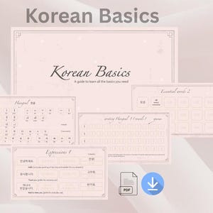 May include: A collection of pink-toned educational materials titled "Korean Basics." The materials include a large poster and several smaller cards with Korean characters and phrases. A PDF icon and a download arrow are also visible.