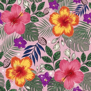May include: A colourful floral pattern showcasing hibiscus flowers in pink and orange, alongside purple orchids and green leaves. The design incorporates tropical foliage against a light pink backdrop, creating a lively botanical theme.
