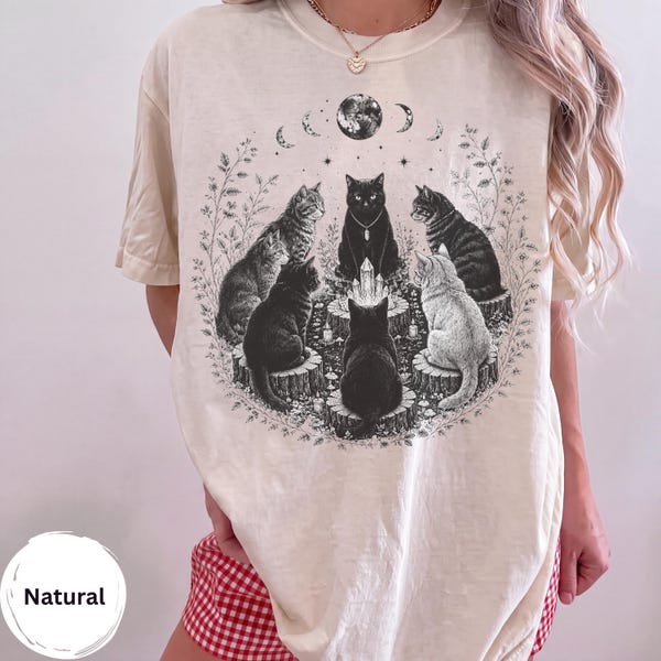 Cat Coven T-Shirt, Mystical Black Cat Tee, Witchy Moon Phase Shirt, Crystal Cats Graphic Tee, Gothic Cottagecore Gift for Cat Lovers