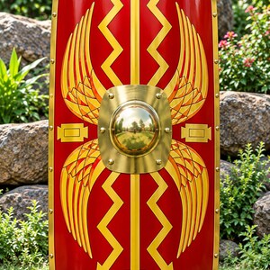 May include: A rectangular red shield with a gold metal border and a central gold dome. The surface features a symmetrical yellow graphic design consisting of vertical arrows, zigzag lines, and stylized wings extending from the central dome.