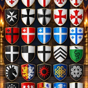 Medeltida riddarsköldsamling, europeisk heraldik, gotisk dekor (stål och läder)
