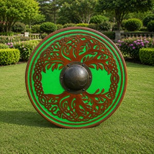 May include: A circular shield featuring a vibrant green background with a prominent brown relief of a tree of life design. The center of the shield is adorned with a dark metallic dome, or umbo, secured by rivets, creating a distinct focal point.