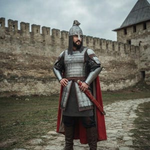 Op de afbeelding: Een harnas met een metalen lamellair borststuk, een maliënkolder en een stalen helm met een kam. Het harnas bevat armbeschermers, een lange rode cape, een donkere broek en bruine leren laarzen, met een zwaard in een rode schede.