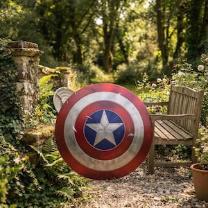 May include: A circular shield featuring a central blue circle with a silver five-pointed star, surrounded by alternating red and silver rings. The shield has a metallic finish with visible surface scuffs and scratches across the front face.