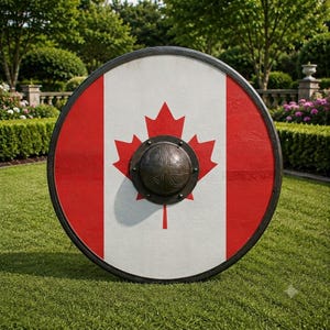 May include: A circular shield featuring the red and white Canadian flag design with a central red maple leaf. The shield has a dark metal rim and a prominent, dark, rounded metal boss in the centre, decorated with an embossed knotwork pattern.